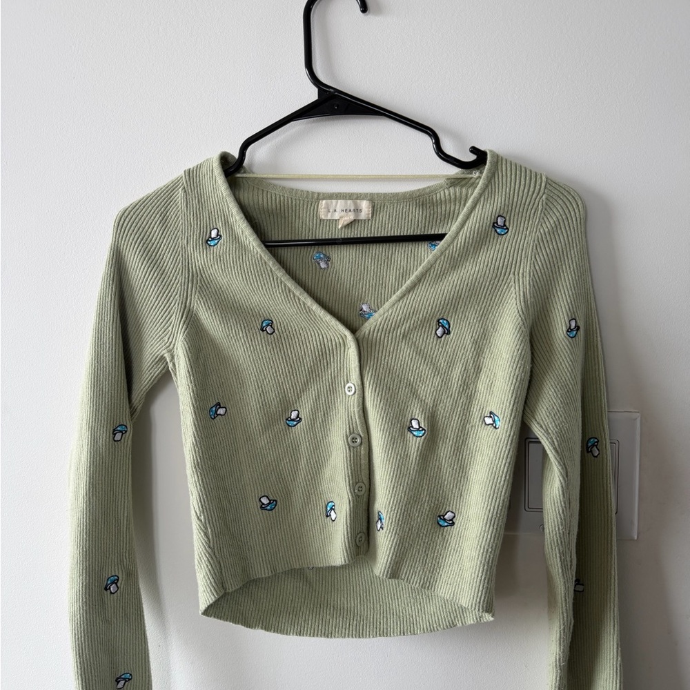 La Hearts Sage Green Knit Top with Embroidery